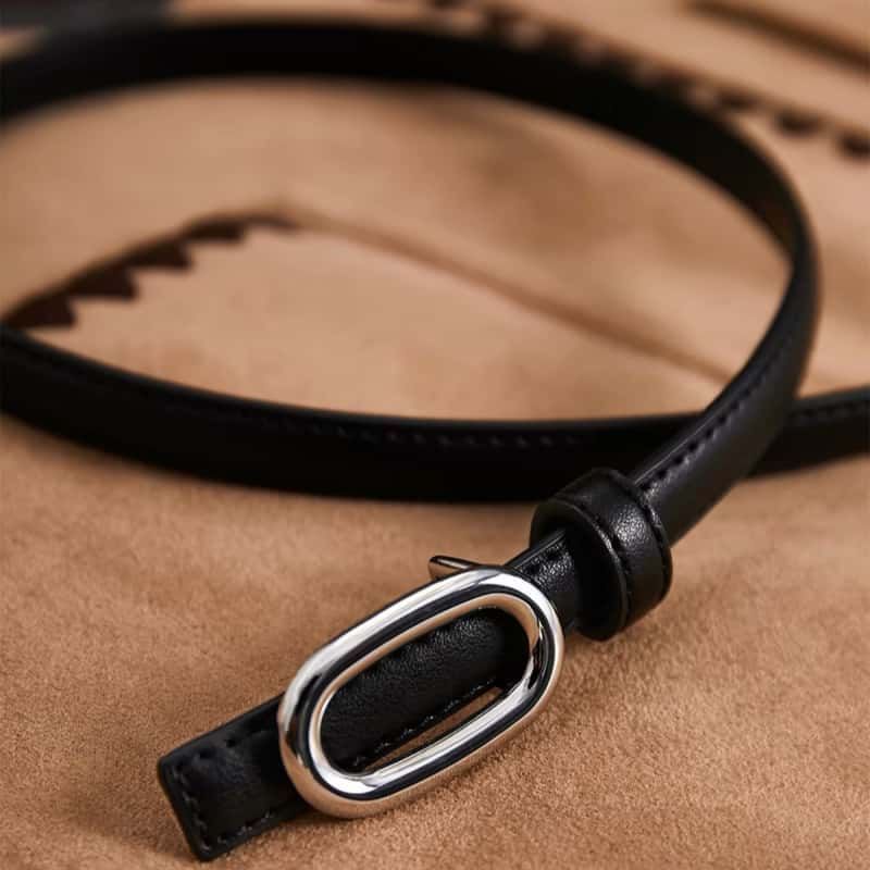 Women Slim Leather Belt Oval Silver Buckle 2nd Layer Cowhide Waistband