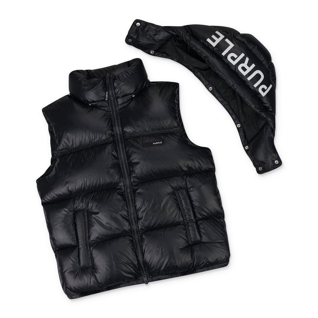 Jet Black Nylon Snap Off Hood Puffer Vest
