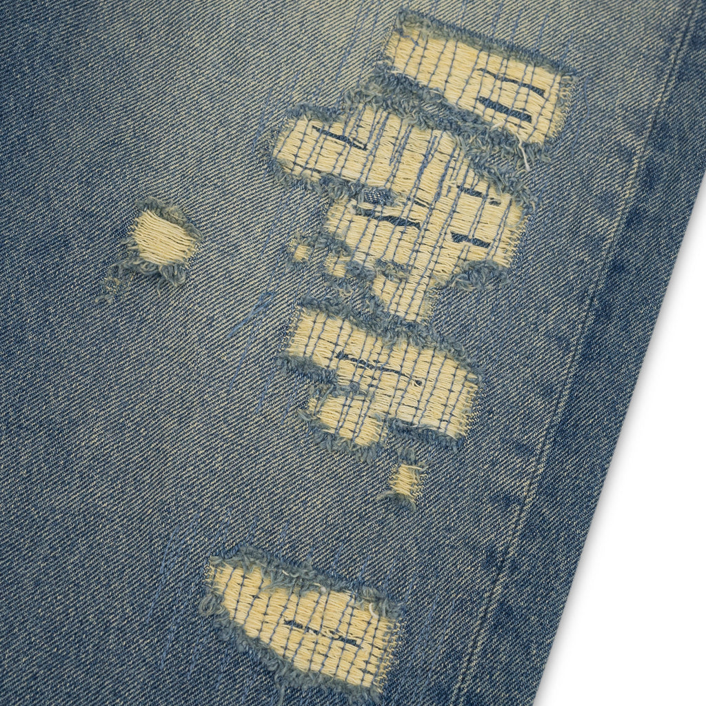 Mid Indigo Repair Destroy Baggy Fit Jeans