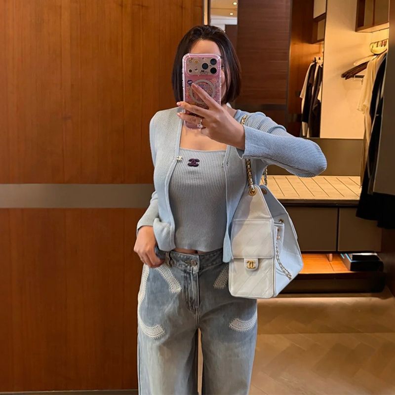 Vintage Blue Embroidered High Waist Wide Leg Denim Trousers