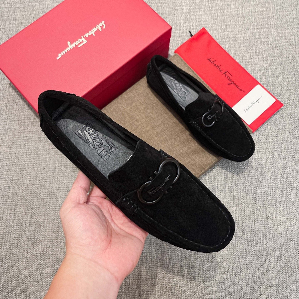Ferragamo Men's Black Buckle Loafers - Textured Rubber Outsole