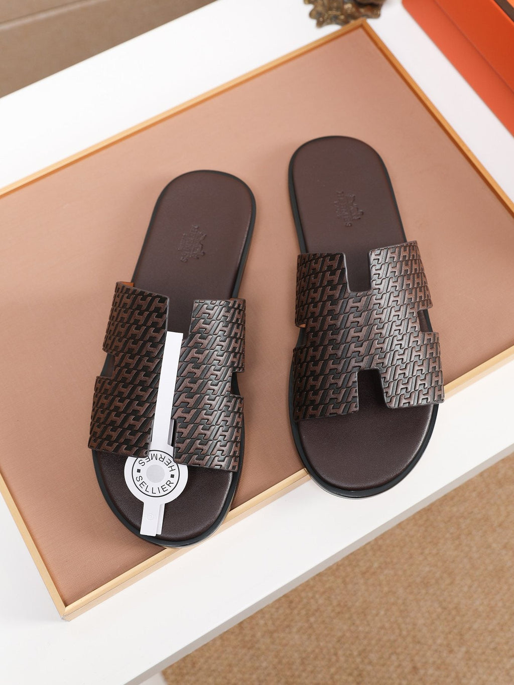 Hermes Dark Brown Woven H-Cutout Slide Sandals