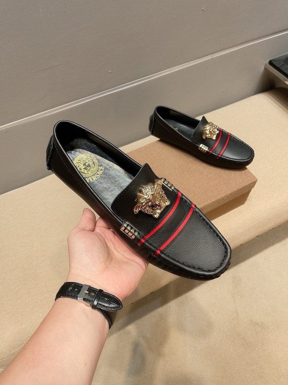 Versace Men's Black Red Stripe Slip-On Loafers