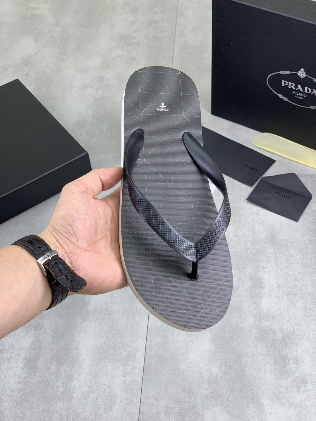 Prada Dark Gray and Black Flip-Flops