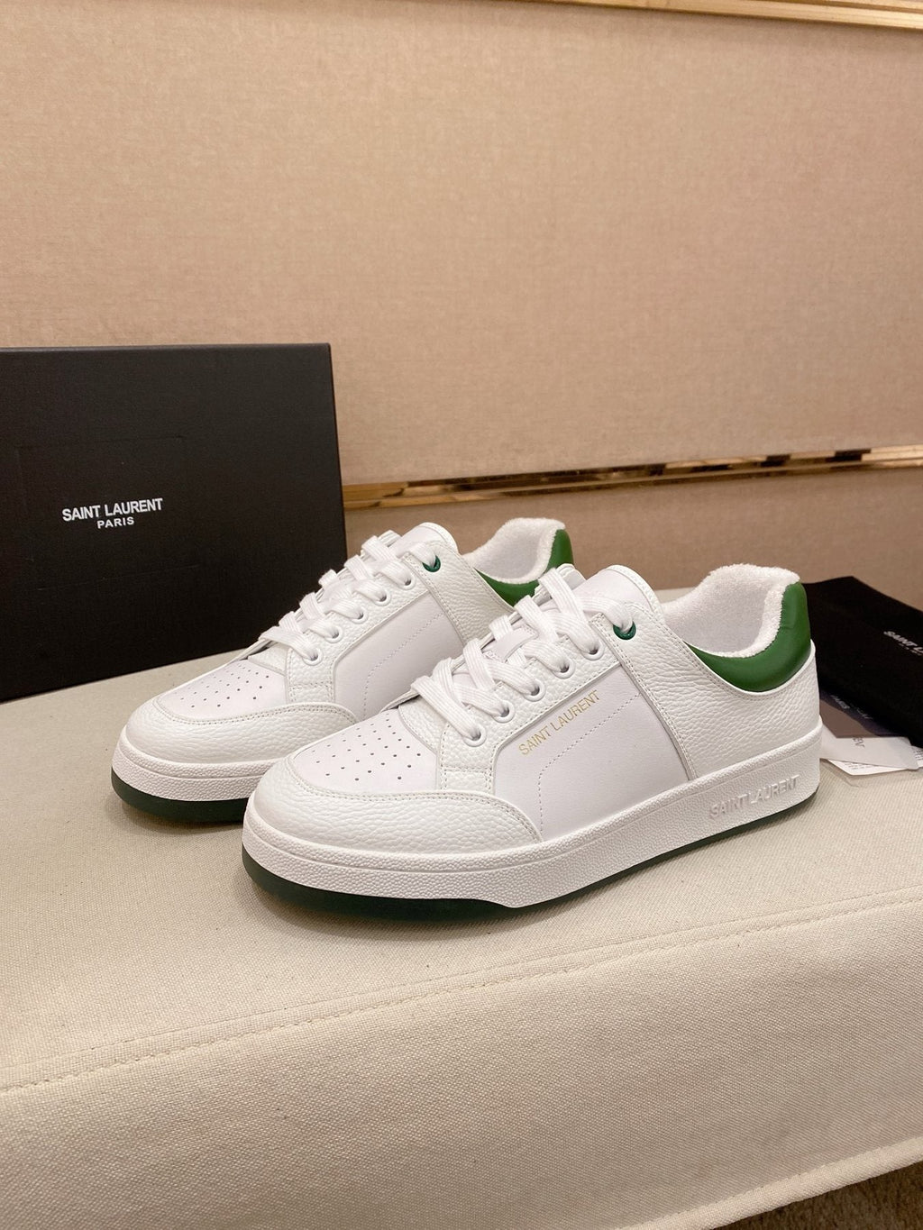 Saint Laurent White and Green Low-Top Sneakers