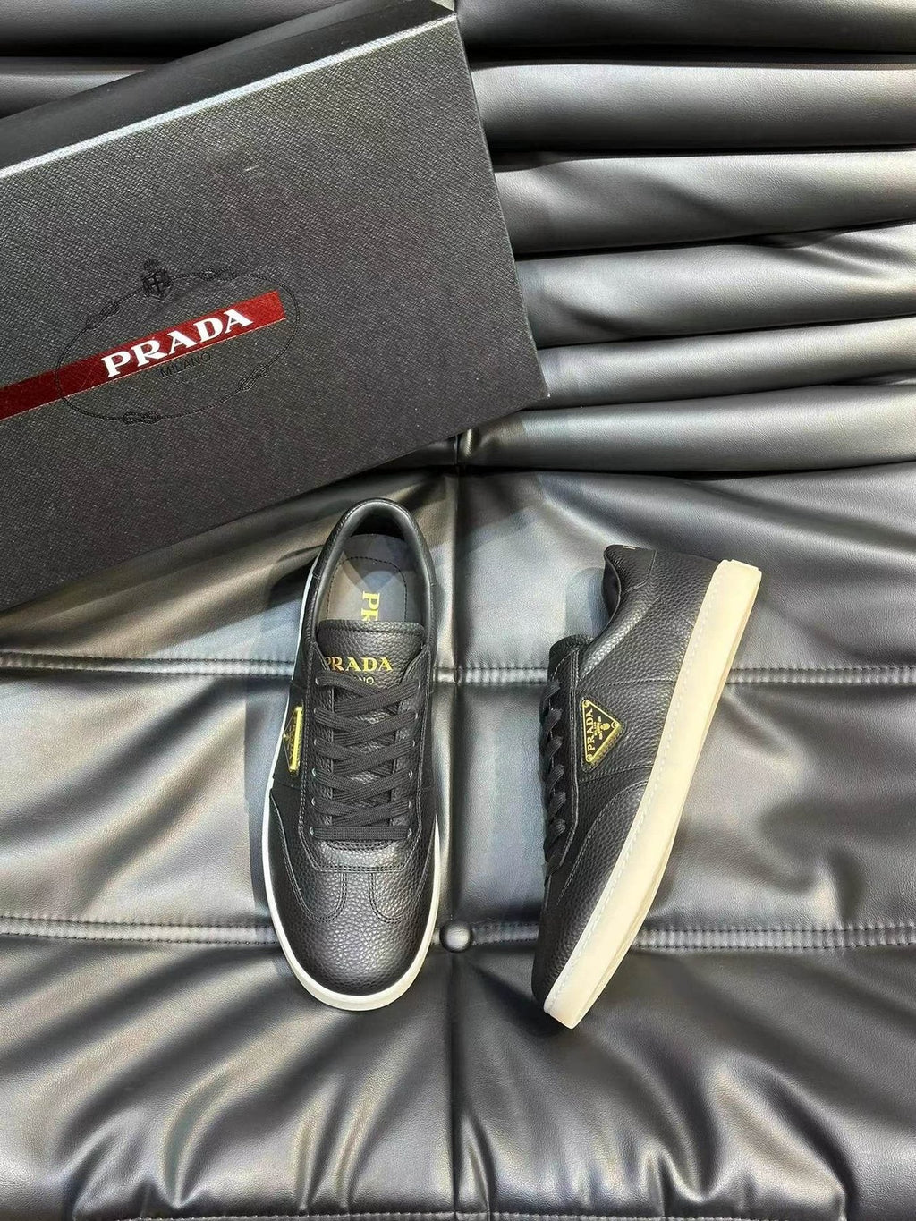 Prada Men's Black Leather-Look Low-Top Sneakers