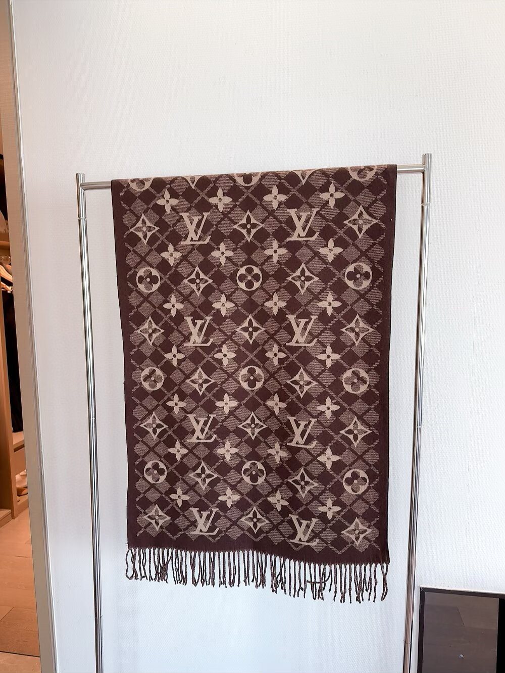 Louis Vuitton Dark Brown Fringed Patterned Scarf