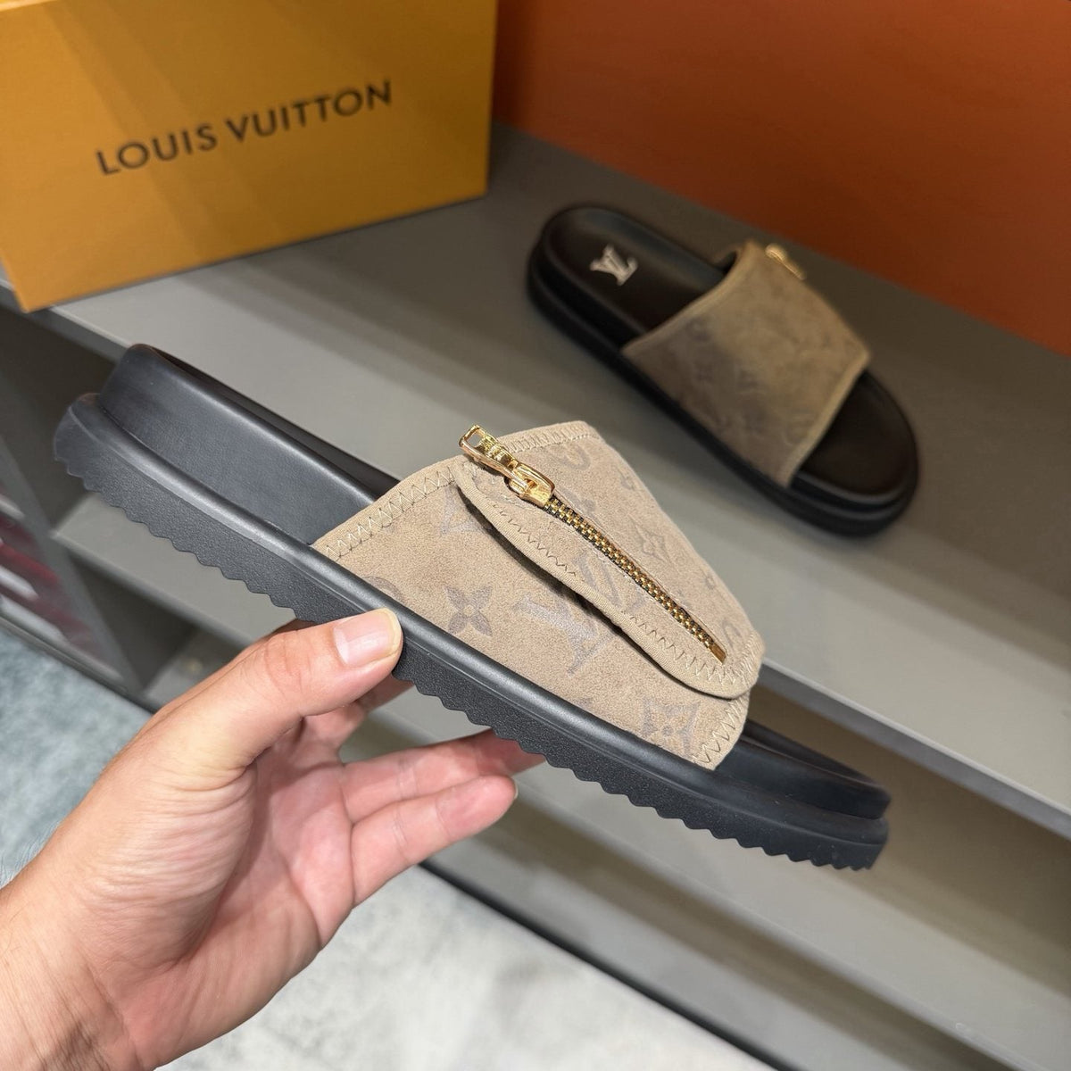 Louis Vuitton Beige and Black Slide Sandals